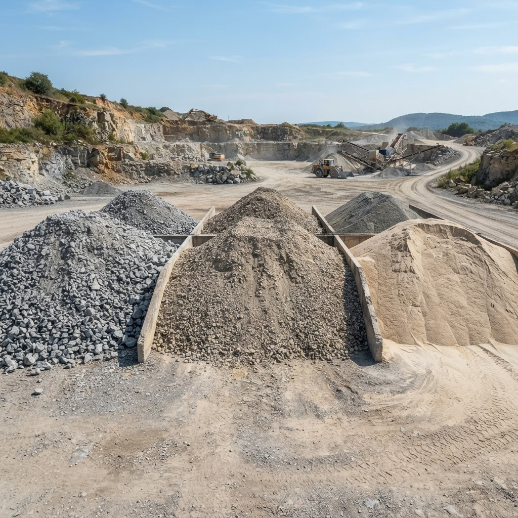 Rows of separated quarry material stockpiles including crushed rock, road base and sand under a clear sky