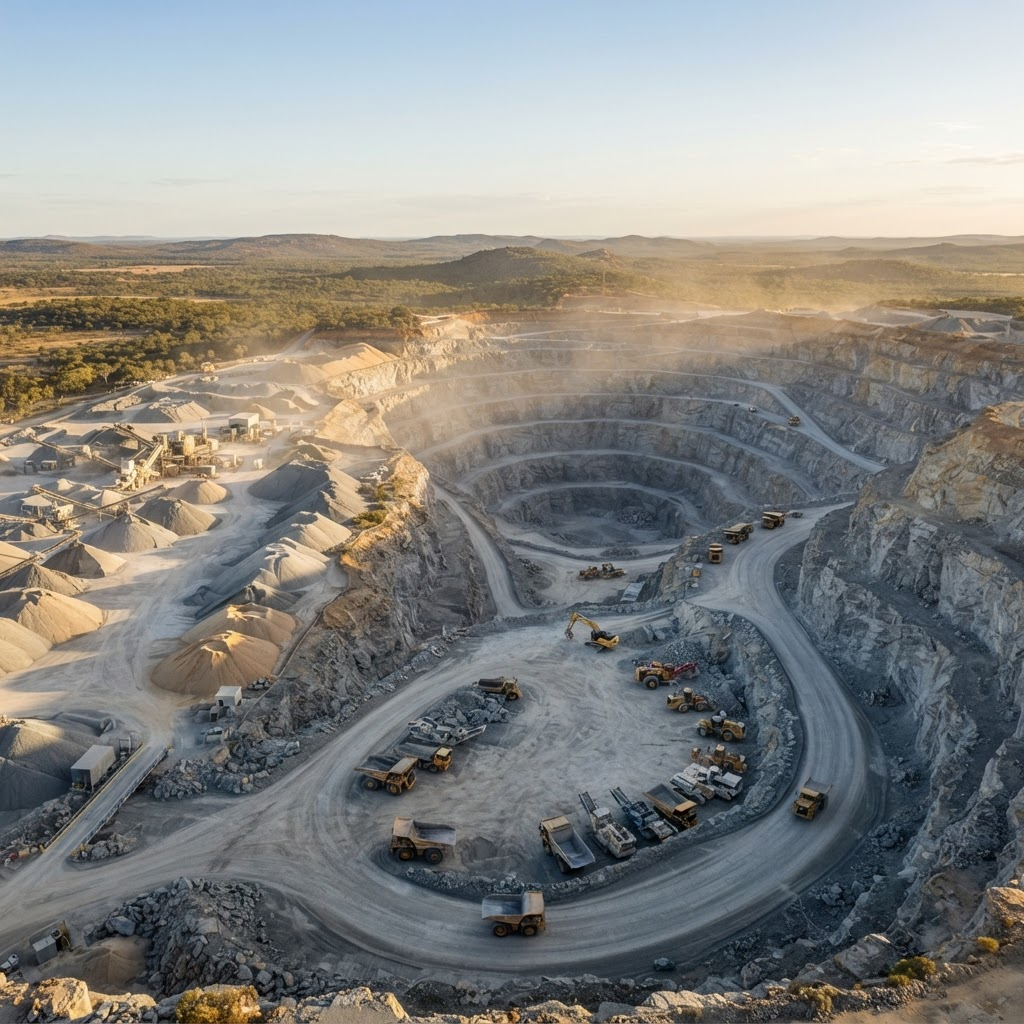 Aerial view of a rock quarry with terraced stone benches and stockpiles of crushed rock and sand