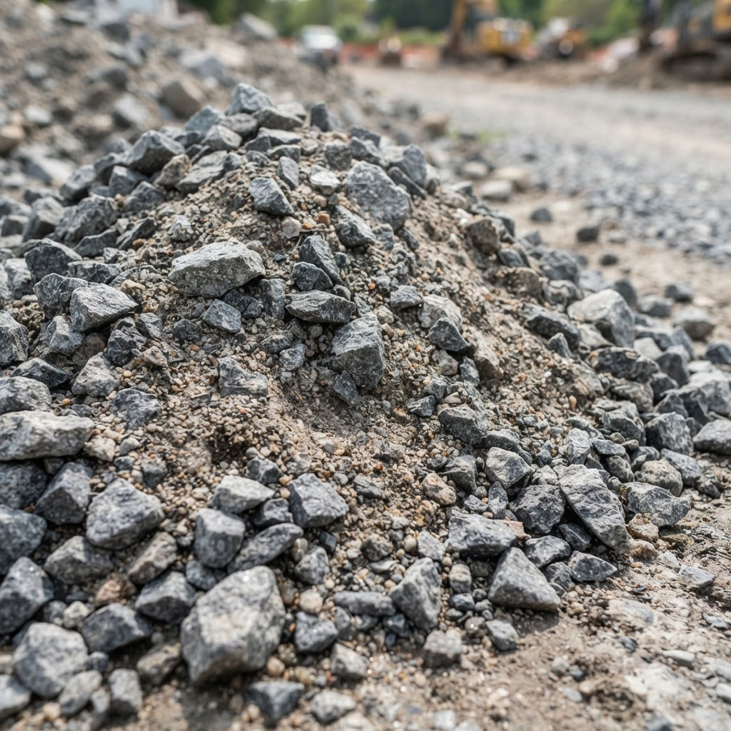 Close-up of grey crushed rock aggregate and coarse sand